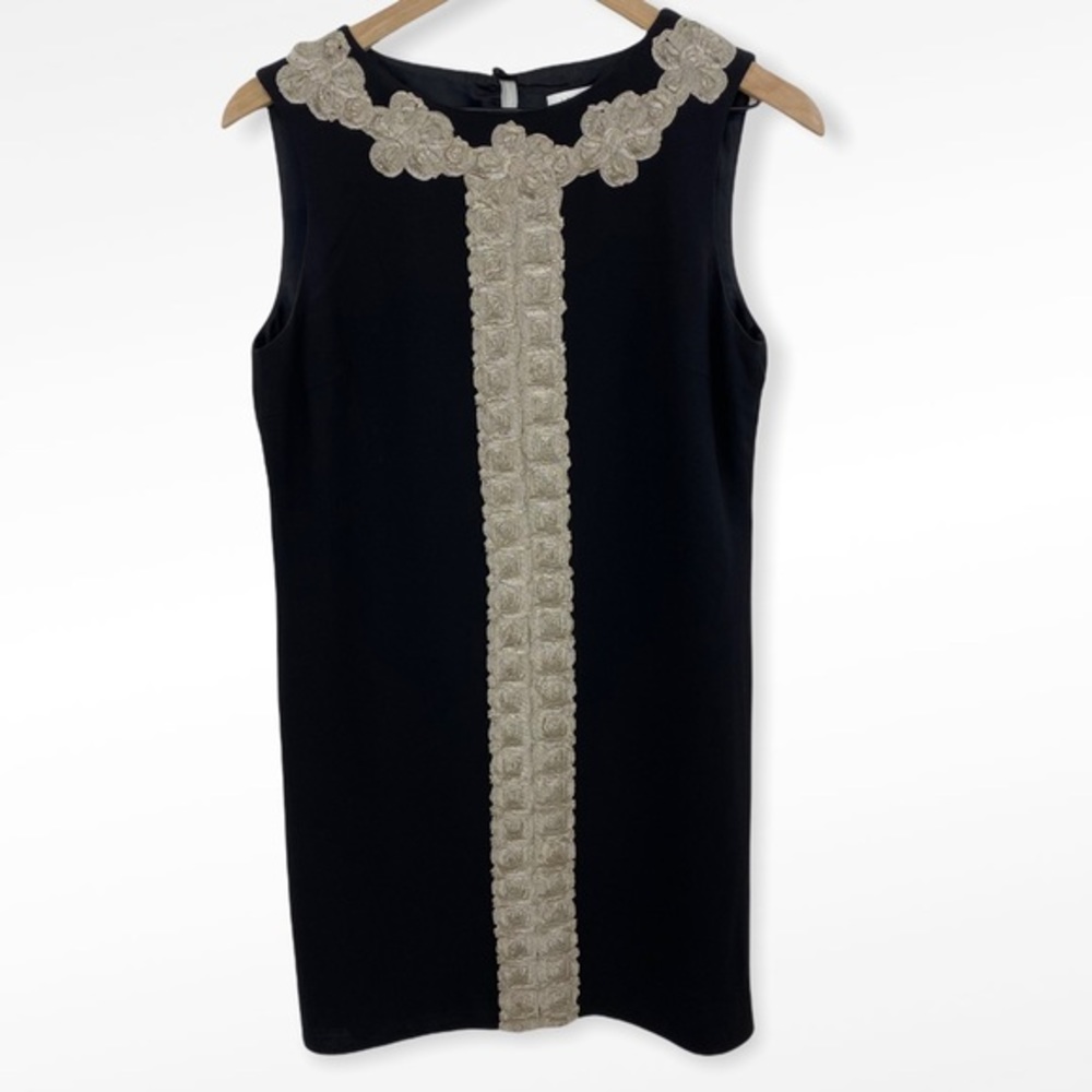Tibi Black Lightweight Wool Dress with Platinum Gold Appliqué Floral Design
